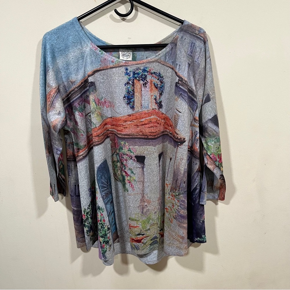 NWT ET’Lois Italian villa print knit tunic top flowy blouse photoprint M
